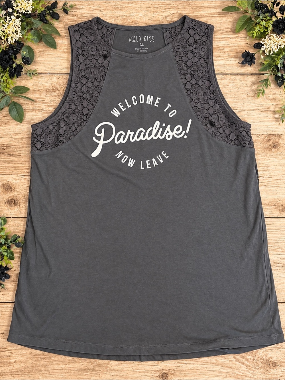 Wild Kiss XL Paradise Graphic Lace Shoulder Tank Top Gray